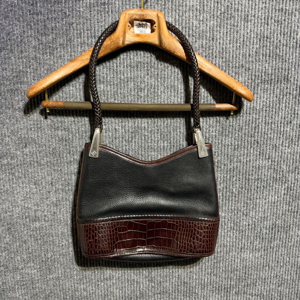 Vintage Brighton Shoulder Bag Womens Black Brown Croc Leather Braided Strap